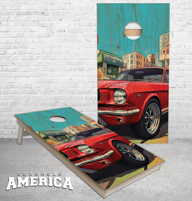 1965 Candy Apple Red Ford Mustang on a city cruise cornhole boards