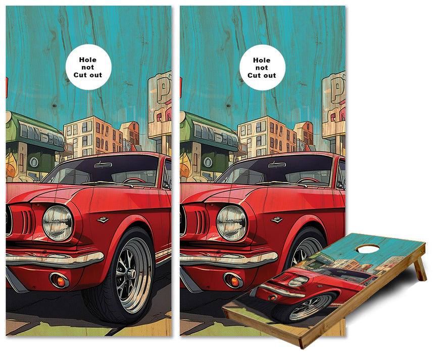 1965 Candy Apple Red Ford Mustang on a city cruise Cornhole wraps