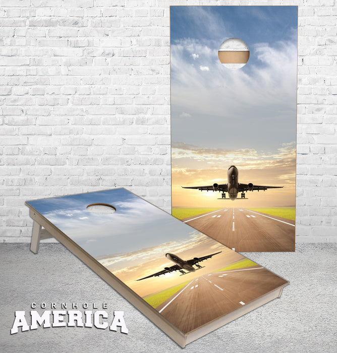 Jet Airliner taking off from Runway cornhole boards