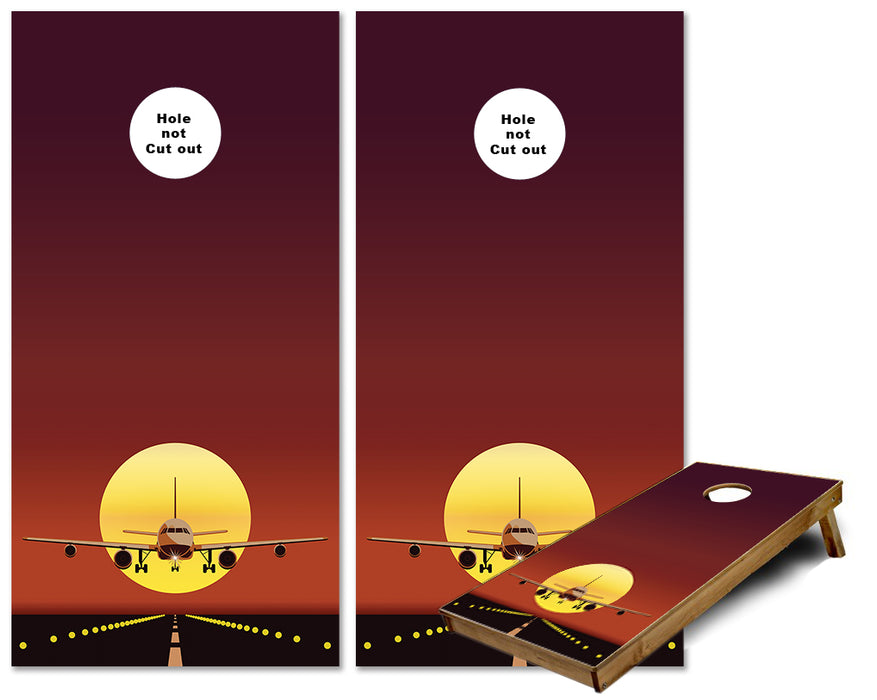 Airliner Landing in front of a sunset sky Cornhole wraps