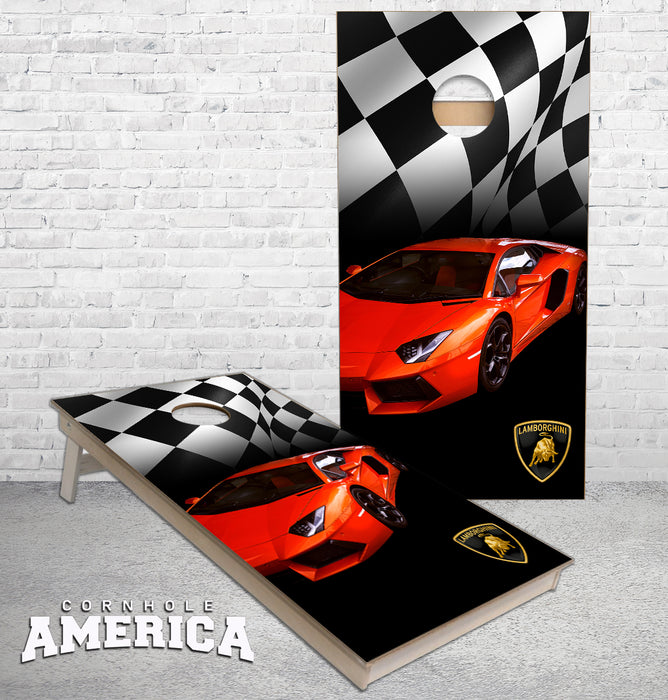 Orange Lamborgini Checkered Flag Cornhole Boards