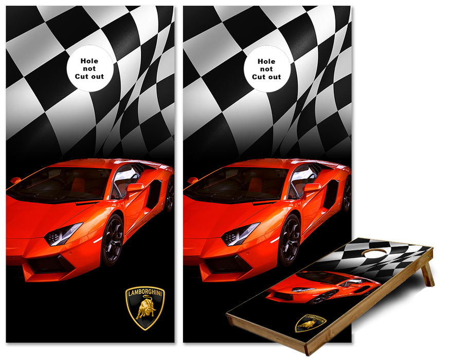 Orange Lamborghini Checkered Flag Cornhole wraps