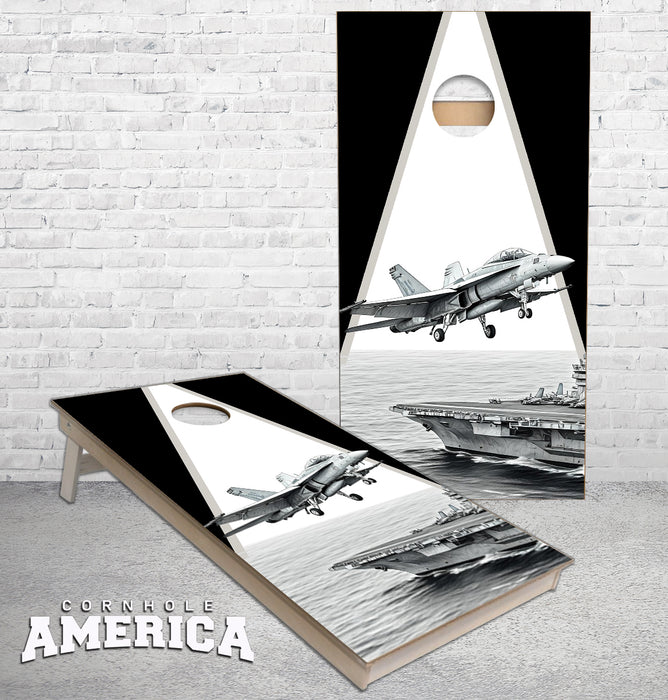 F-18 Fighter jet aircraft carrier triangle theme cornhole boards