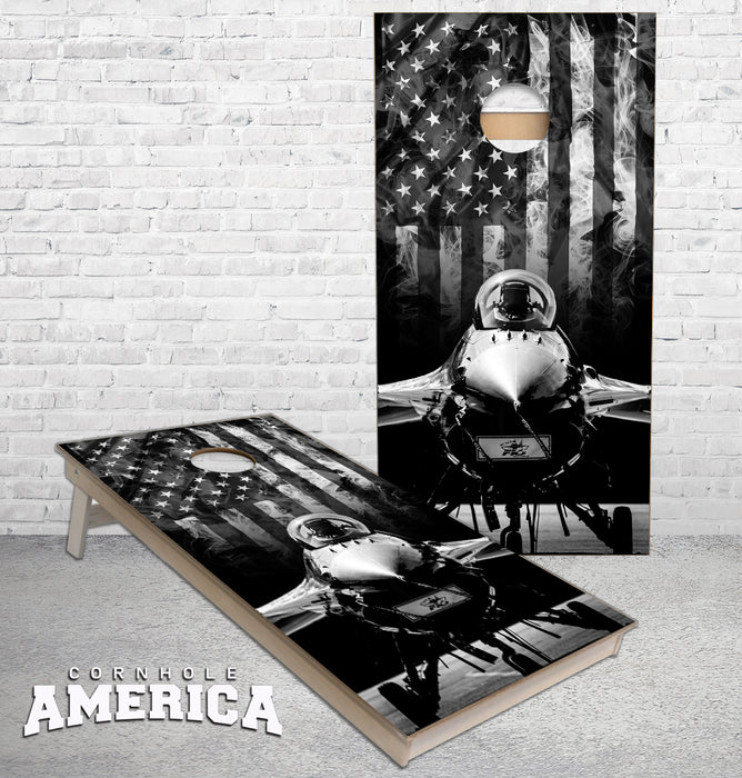 F-16 Fighter Jet and American Flag in grey tone cornhole boards