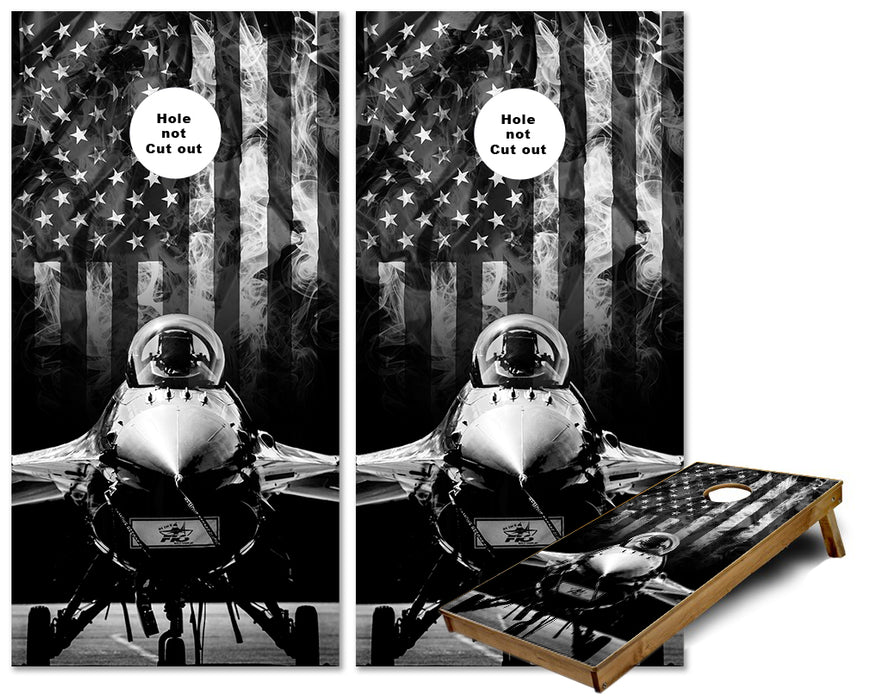 F-16 Fighter Jet and American Flag in grey tone Cornhole wraps