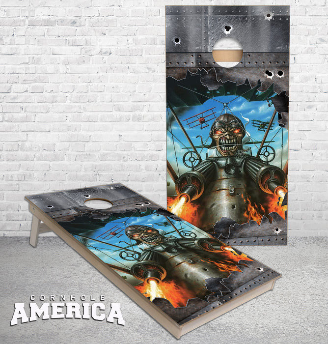 Crazy Skeleton Flying war plane cornhole boards