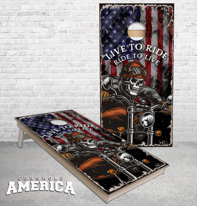 Ride to Live, Live to Ride US Flag cornhole boards