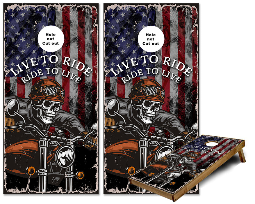 Ride to Live, Live to Ride US Flag cornhole wraps