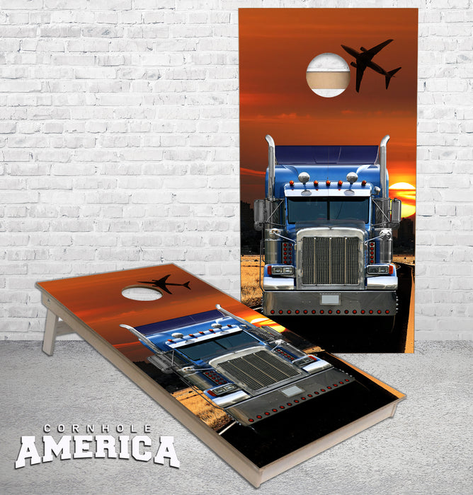 Semi Truck with Jet flying in the rear view cornhole boards