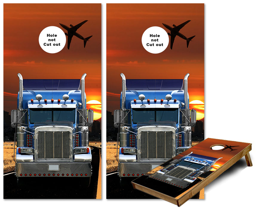 Semi Truck with Jet flying in the rear view cornhole wraps