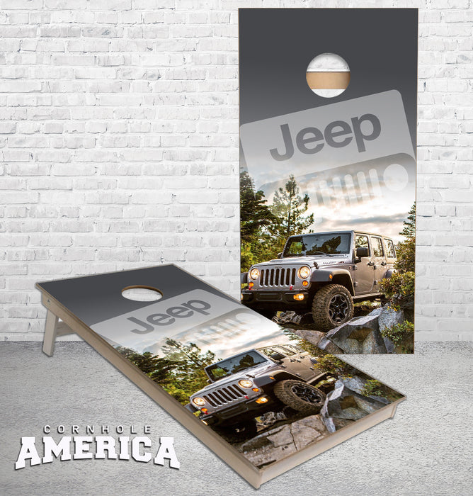 Silver Jeep cornhole boards