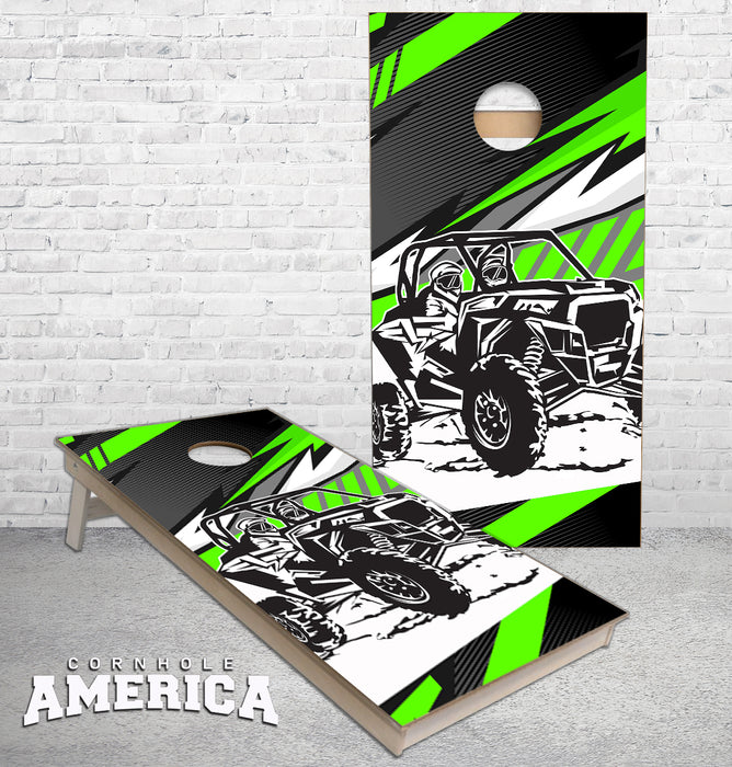 Side by Side ATV with graphix cornhole boards