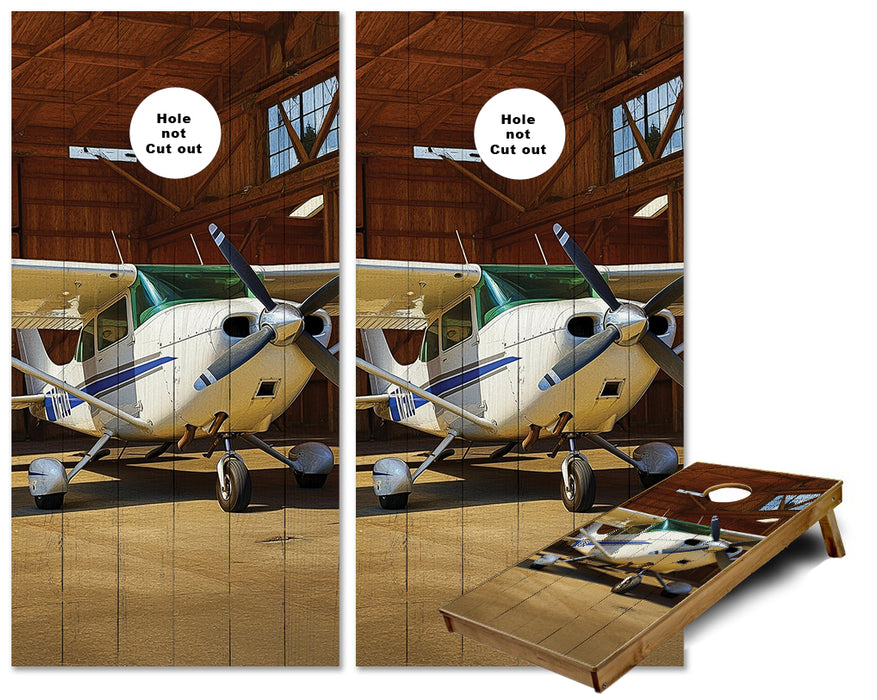 Cessna Airplane in a wooden hangar Cornhole wraps