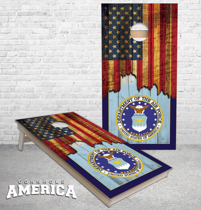 Jagged US Flag with United States Air force Emblem cornhole boards