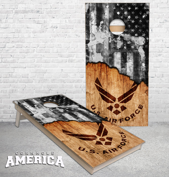 Air force logo with weathered artistic flag cornhole boards