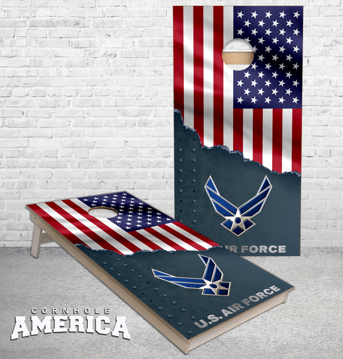 US Air Force Torn Metal US Flag cornhole boards — Cornhole America