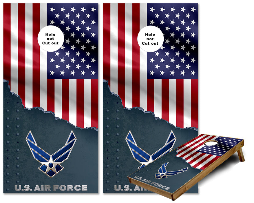 US Air Force Torn Metal on US Flag cornhole wraps