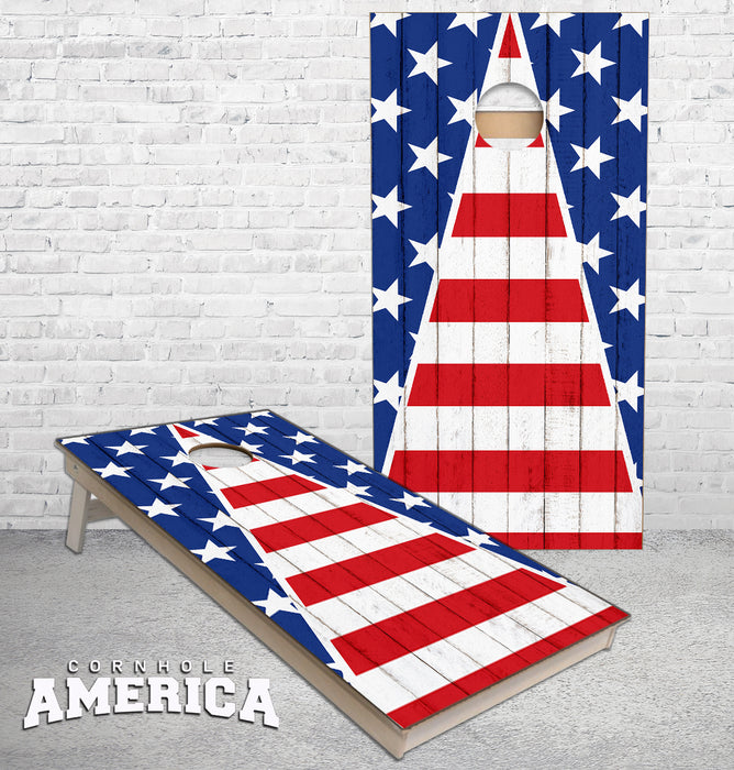 American Flag weathered triangle theme Stars and Stripes cornhole boards