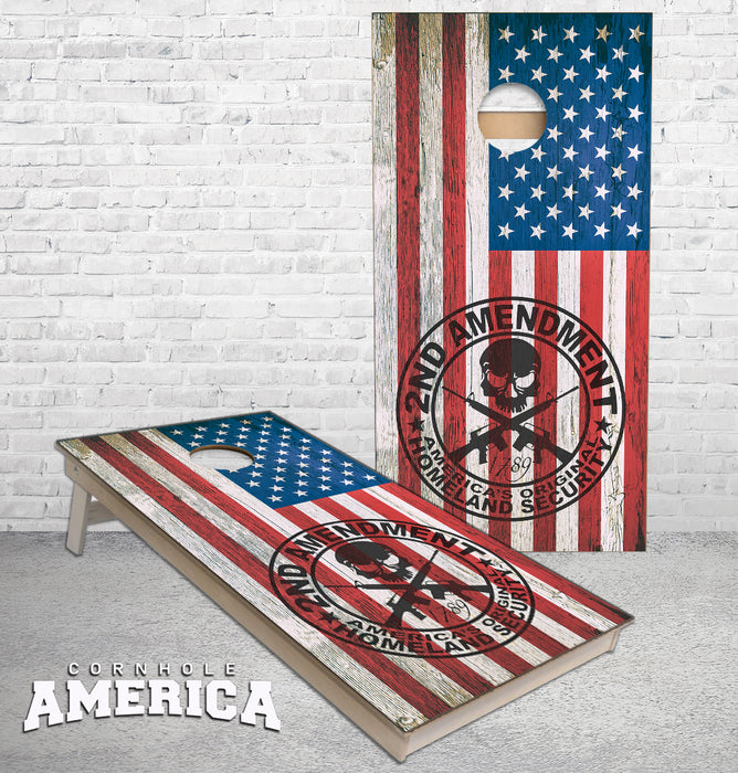 2nd Amendment Logo on Rustic US Flag cornhole boards