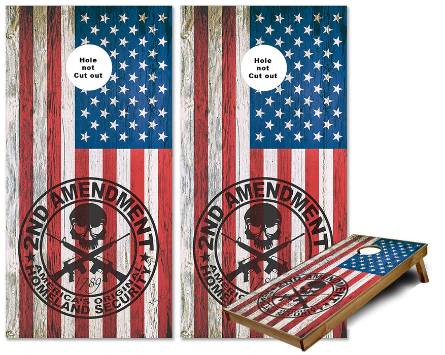 2nd Amendment Logo on Rustic Wooden US Flag cornhole wraps