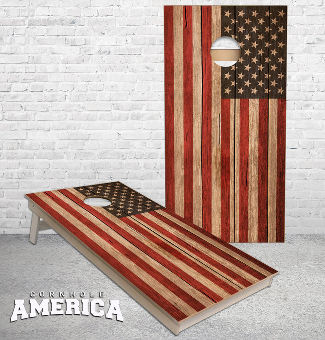 American Flag on medium Brown wood cornhole boards