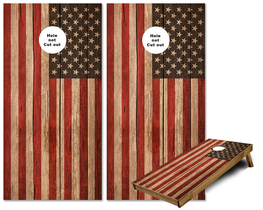 American Flag on Medium Brown wood cornhole wraps