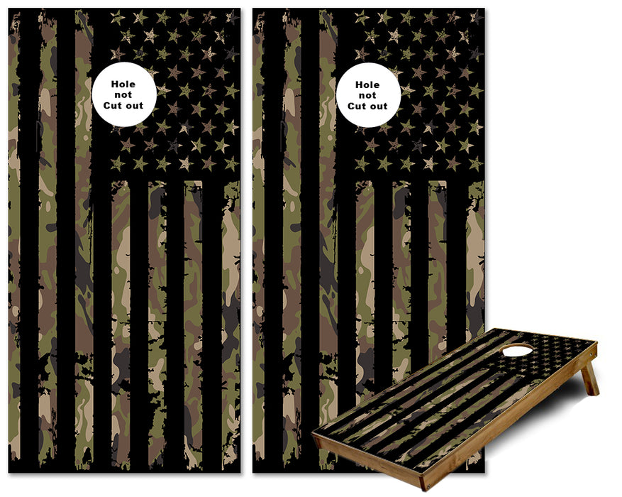 Camo US Flag on black background cornhole wraps