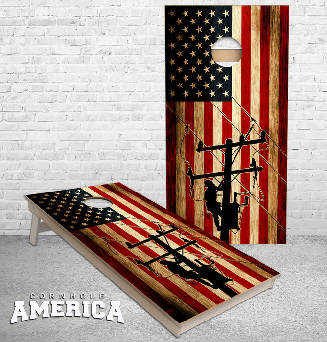 American Flag with Electrical Lineman rustic cornhole boards