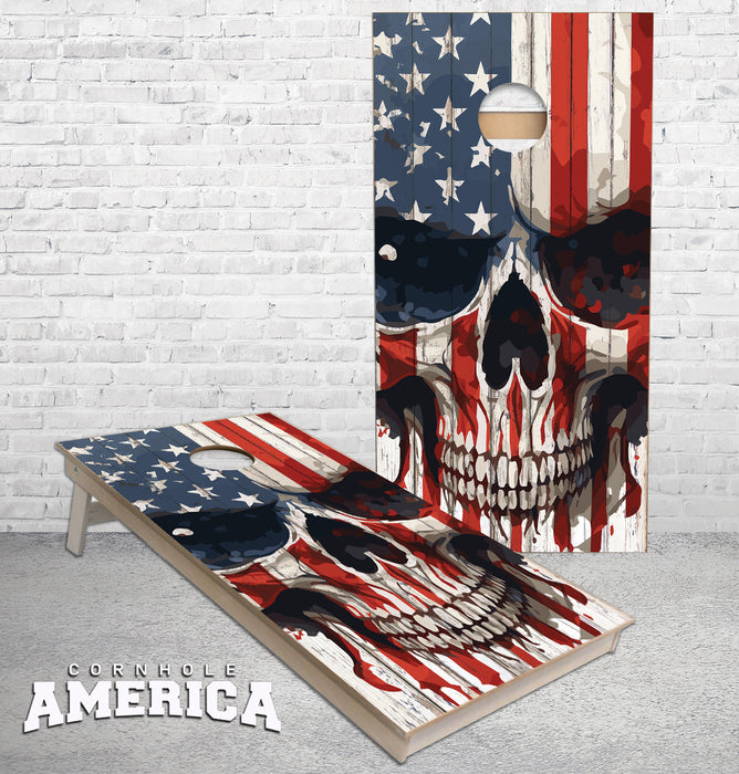 American Flag Skull on rustic wood cornhole boards