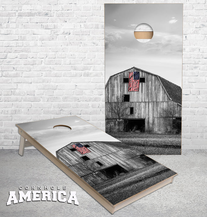 American Flag on farmers barn cornhole boards