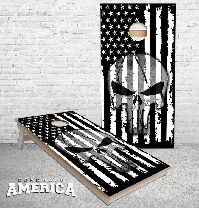 Punisher Black and White American Flag cornhole boards