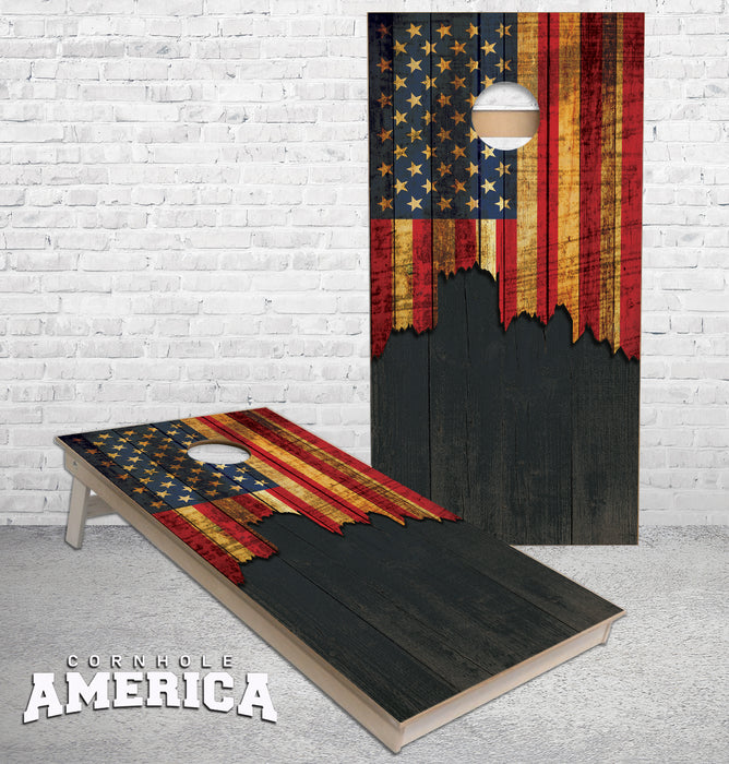 Jagged US Flag with Black Rustic Wood cornhole boards