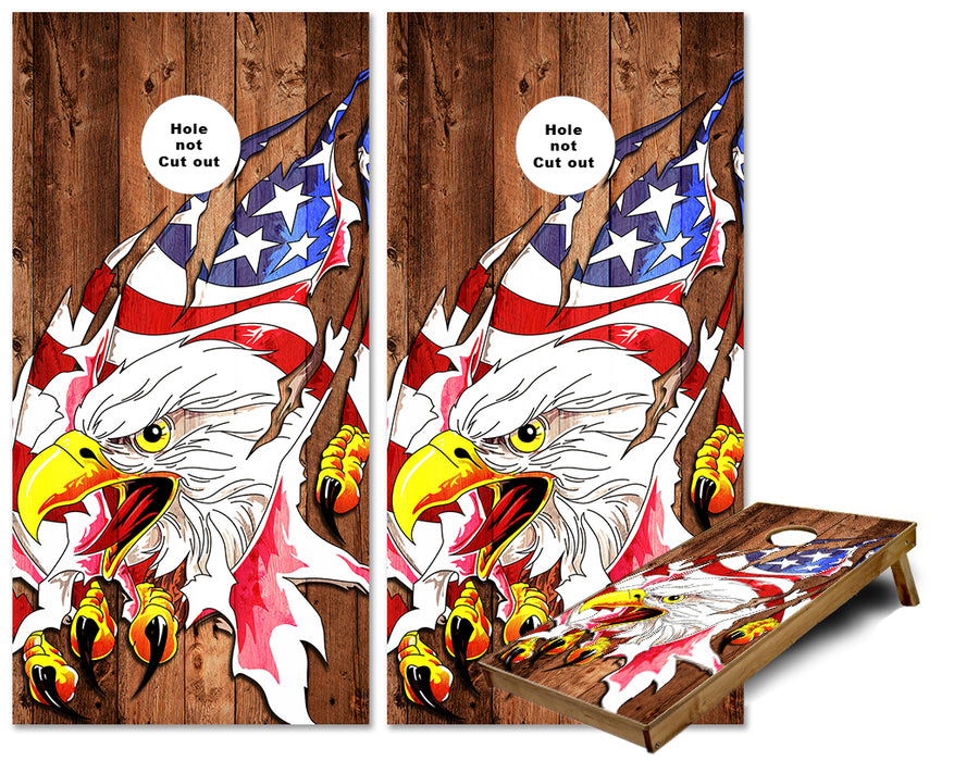 Eagle Ripping thur the American Flag on wood cornhole wraps