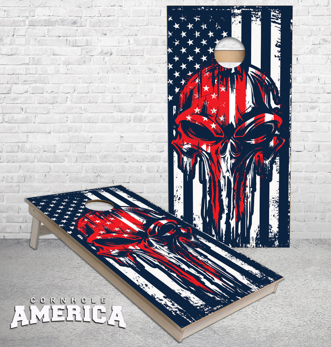 Red White and Blue Punisher Skull and US Flag cornhole boards