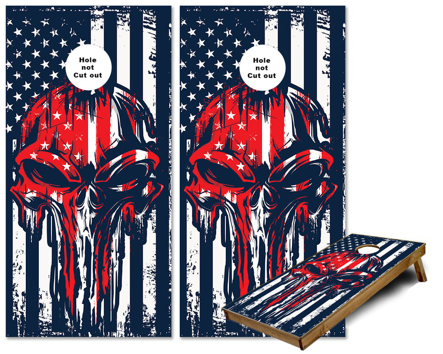 Red White and blue Punisher on American Flag cornhole wraps