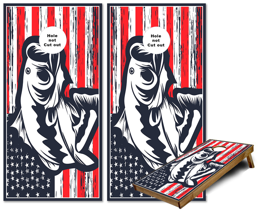 American Flag with Bass Fish cornhole wraps