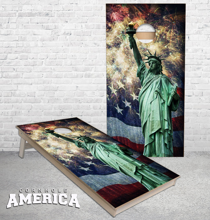 New York City Statue of Liberty Fireworks USA Flag cornhole boards