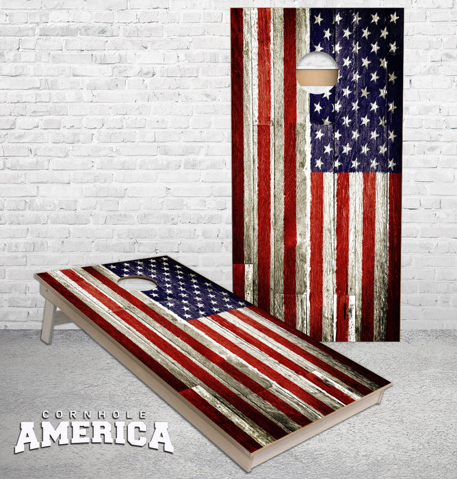 US Flag on Stained Rustic wood look cornhole boards