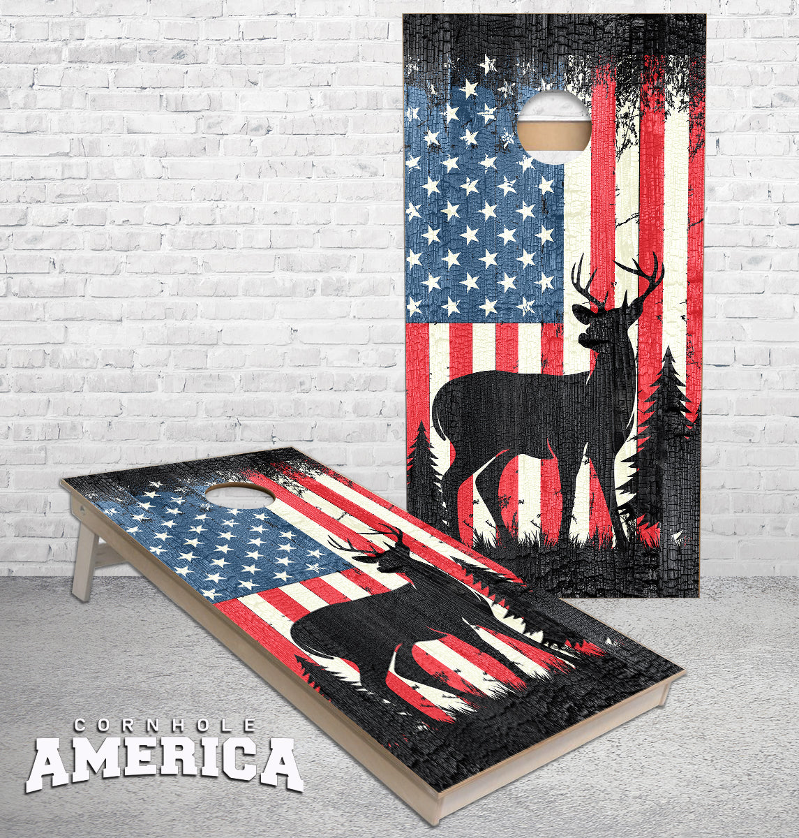 Us Flag And Buck Deer On Charcoal Burnt Wood Cornhole Boards — Cornhole 