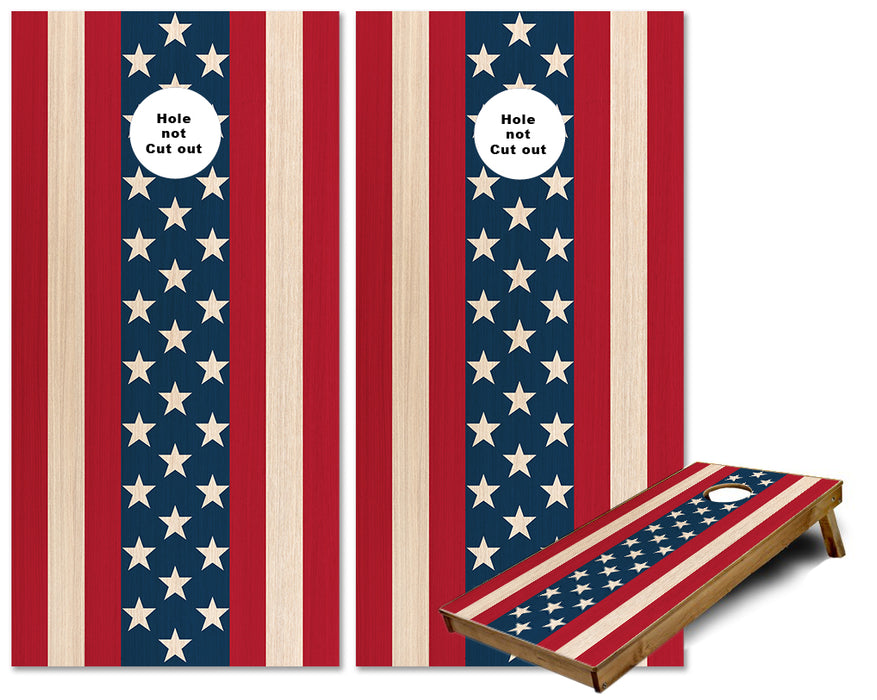 Stars and Stripes on light wood cornhole wraps