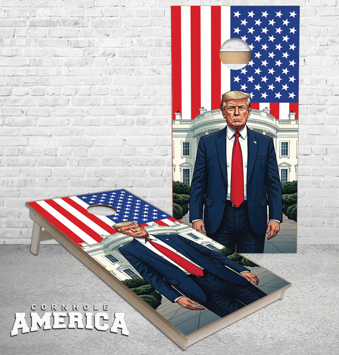 Donald J Trump Standing in front of the Whitehouse US Flag cornhole boards