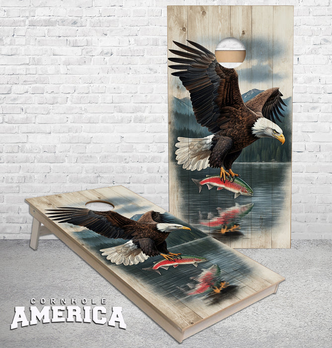 American Bald Eagle Mountain Lake with Fish Cornhole boards