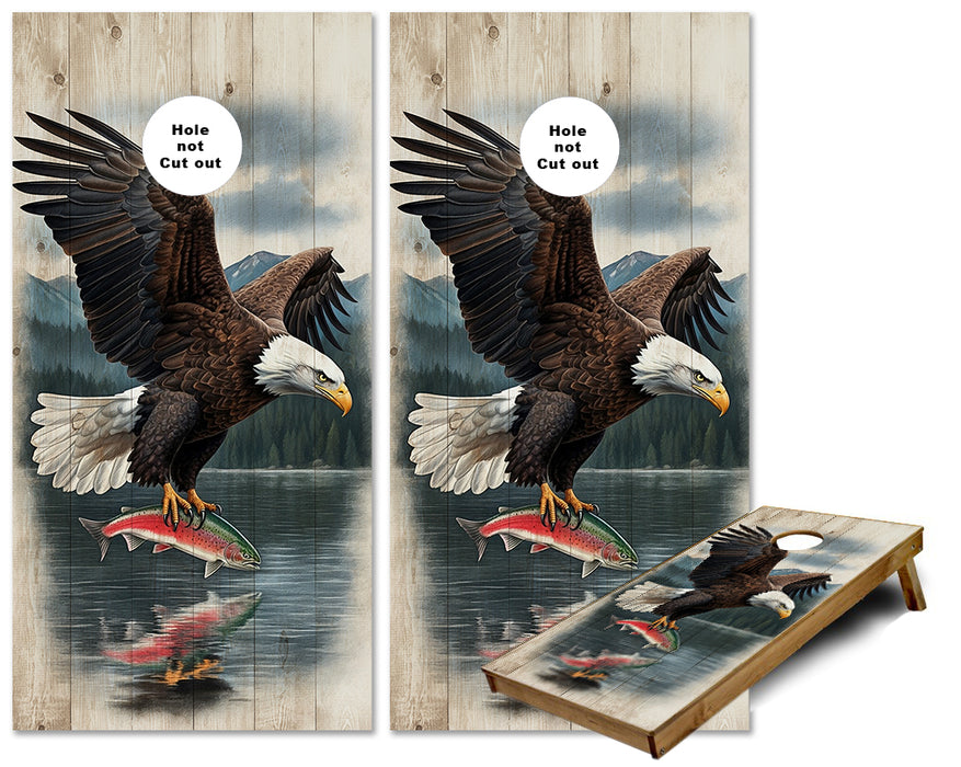 American Bald Eagle Mountain lake with fish cornhole wraps