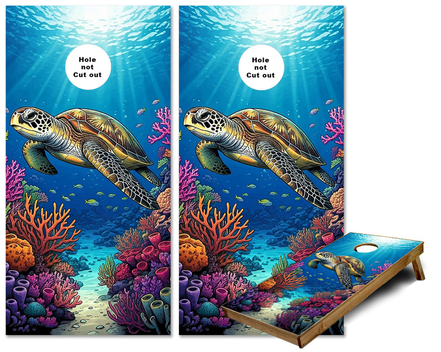 Sea Turtle swimming in the Coral Reef cornhole wraps