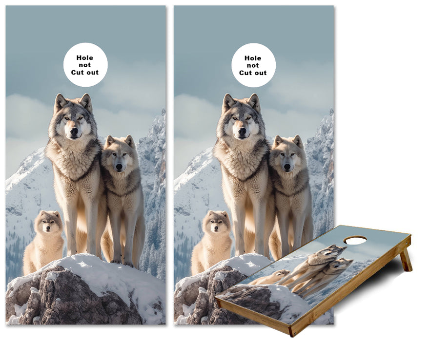 Wolf Pack on Snowy Mount rocks cornhole wraps