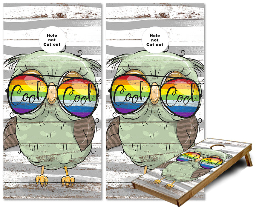 Cool Cool Owl with Rainbow Sunglasses cornhole wraps