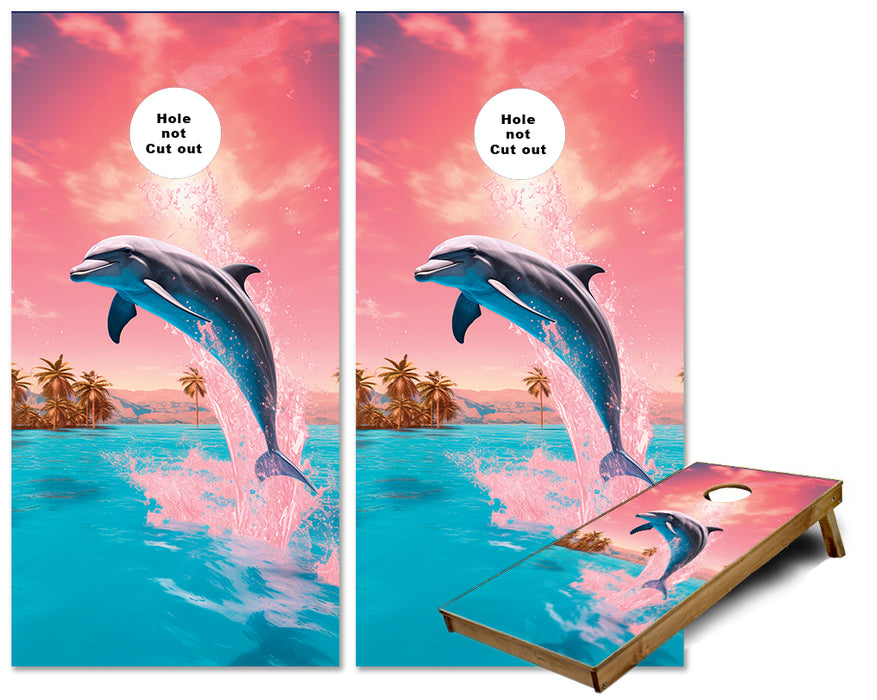 Dolphin Jumping during a pink sky with palm trees cornhole wraps