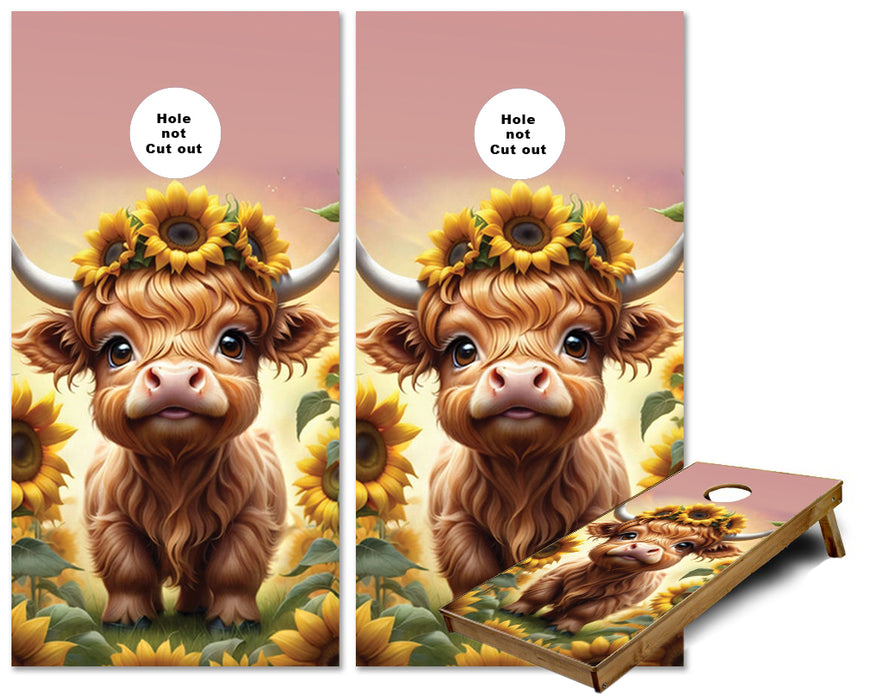 Highland Cow with Sunflower Head Dress cornhole wraps