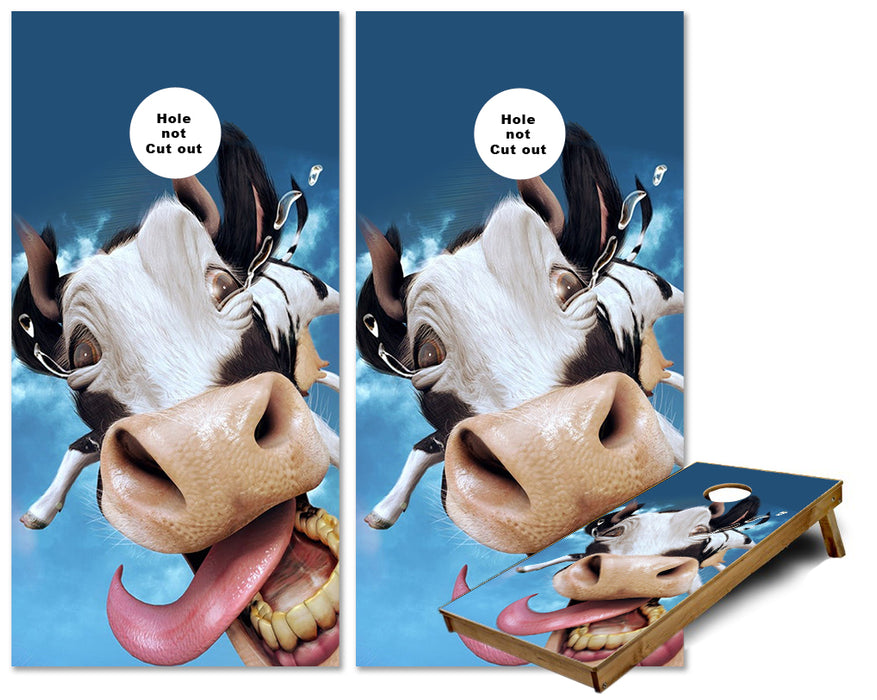 Funny Flying Cow with Tongue out cornhole wraps