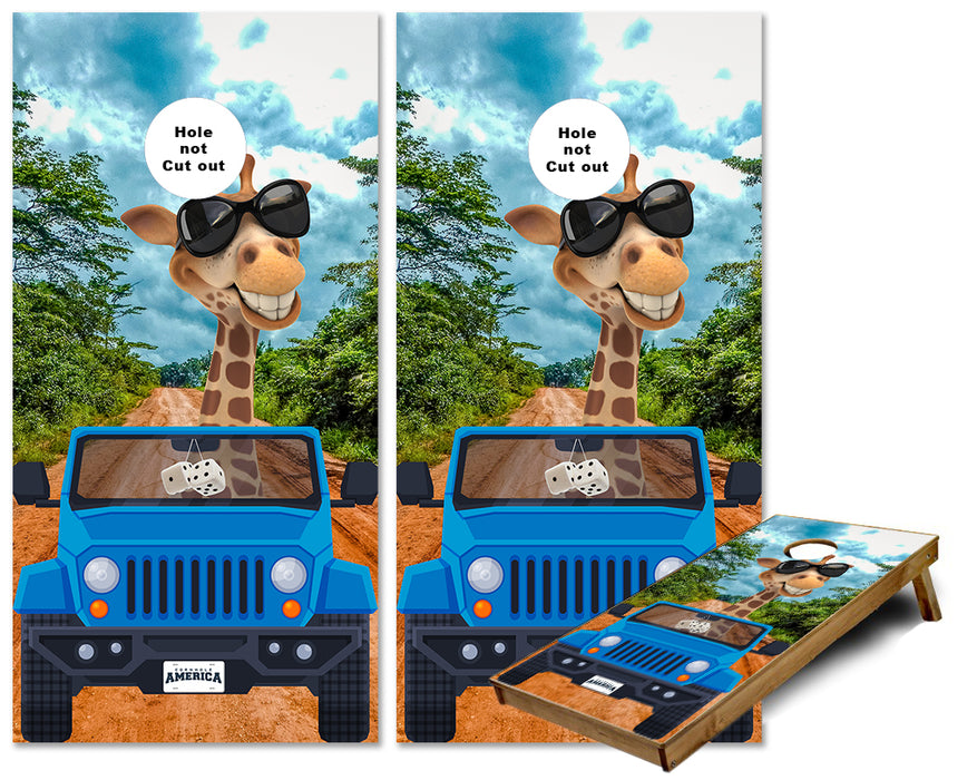 Giraffe driving a Jeep with sunglasses on cornhole wraps